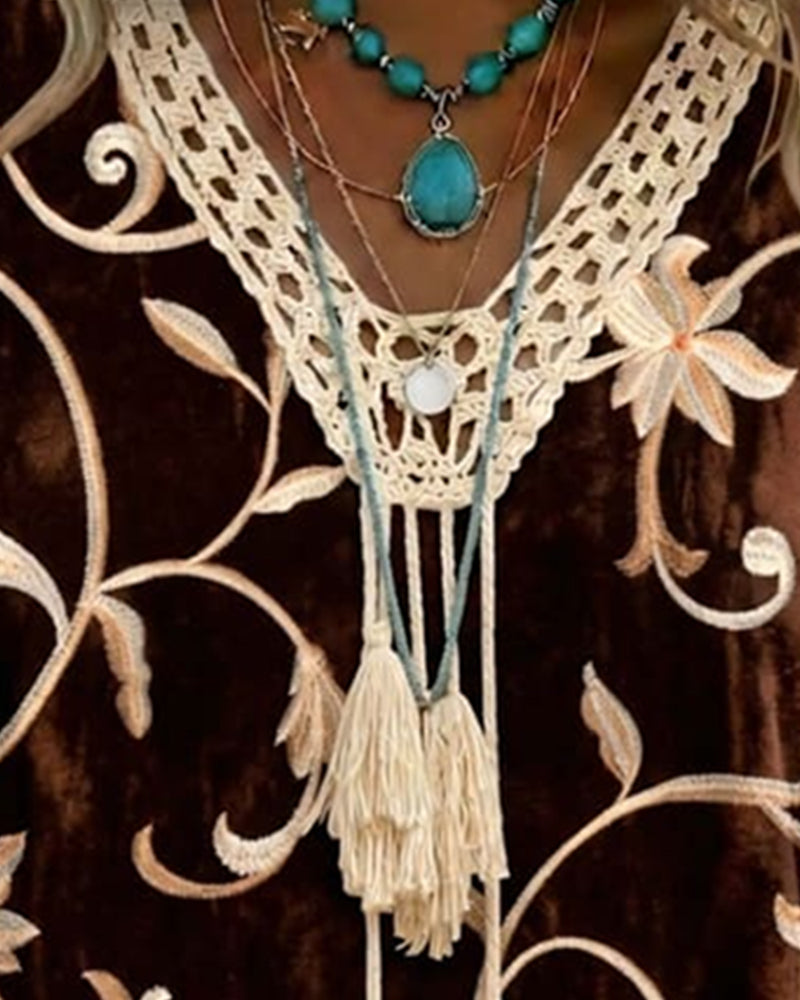 V-Neck Lace Fringe Floral Blouse