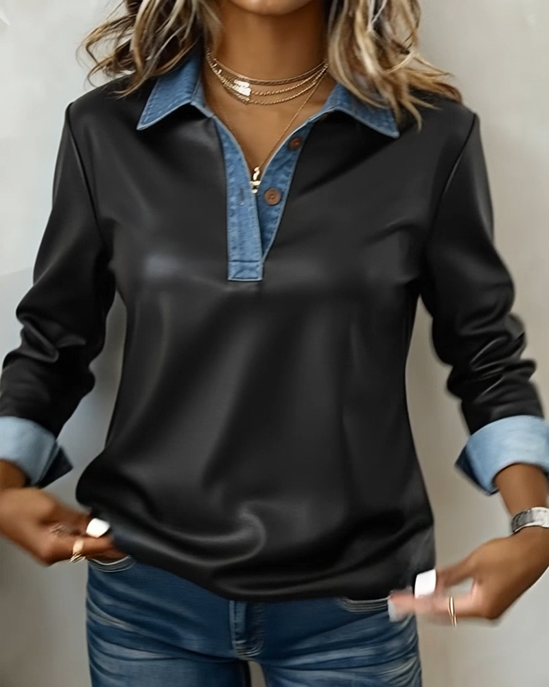 Casual Collared Leather Patchwork Top