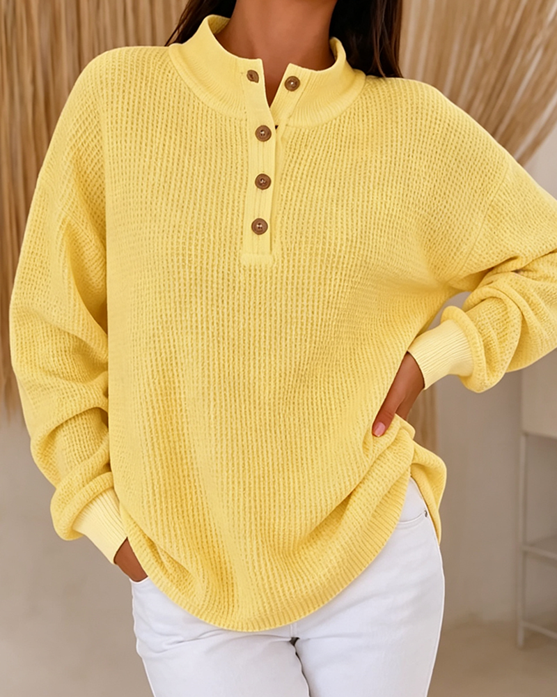Mock Neck Waffle Buttoned Top