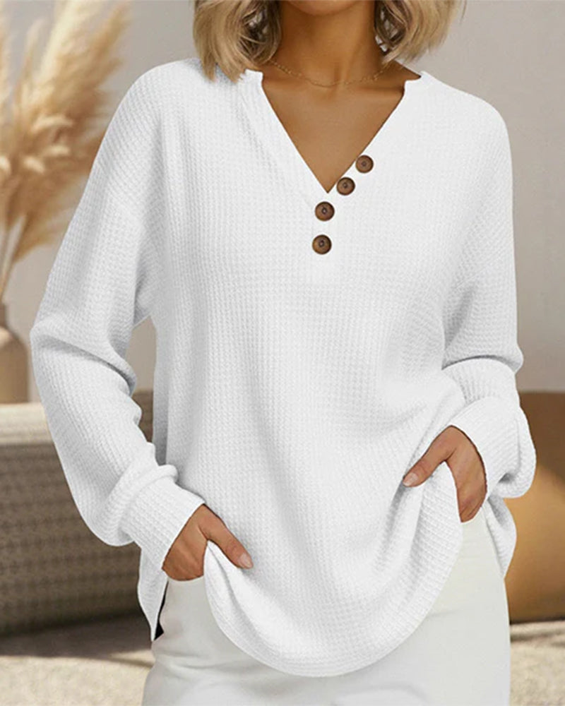 Button-Down Waffle Long-Sleeved Top