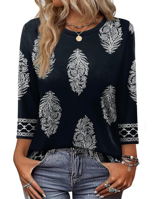 Printed Three-Quarter Sleeve Crew Neck Top