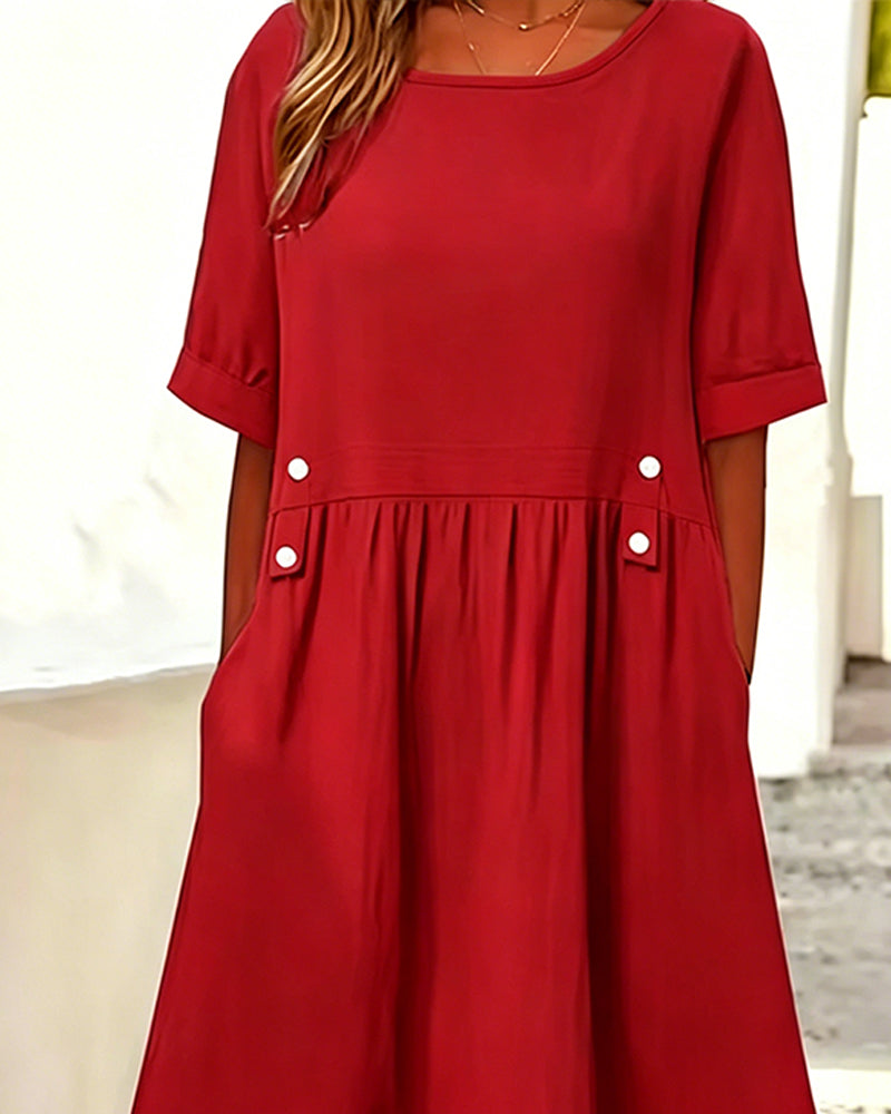 Crew Neck Short Sleeve Solid Color Dress