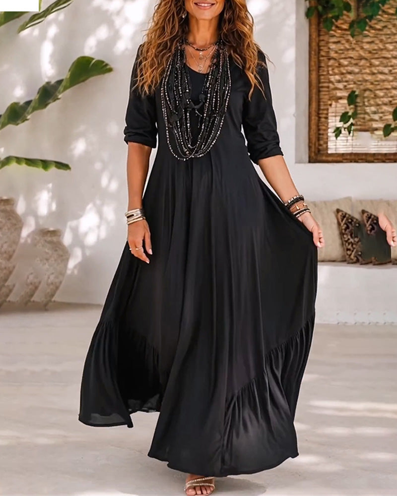 Solid Color V-Neck Waist A-Line Dress