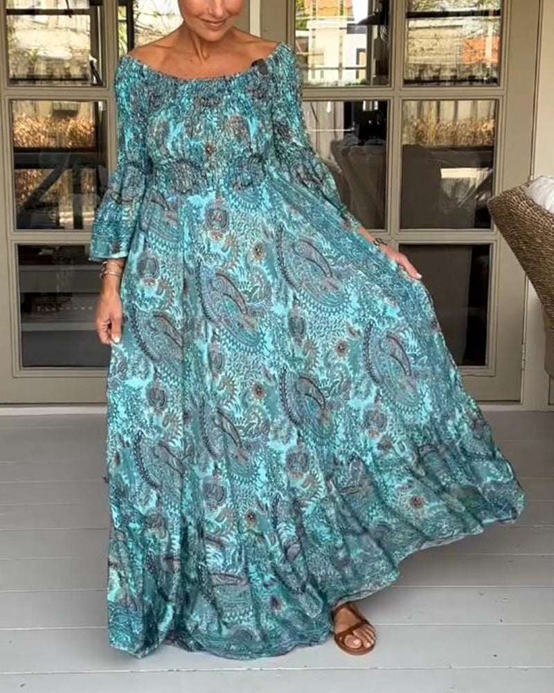 Elegant printed one-shoulder flare sleeve long dress