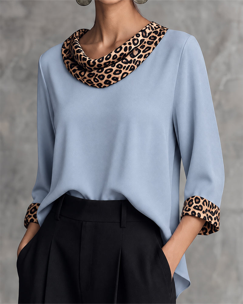 Leopard Panel Cowl Neck Elbow-Length Sleeve Blouse