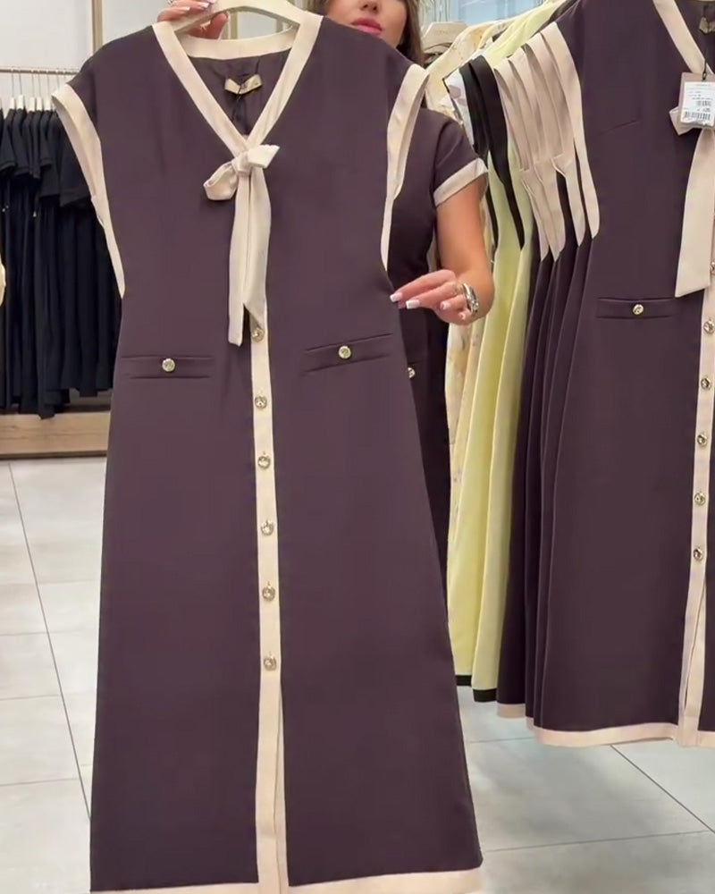 V-Neck Bow Button Dress