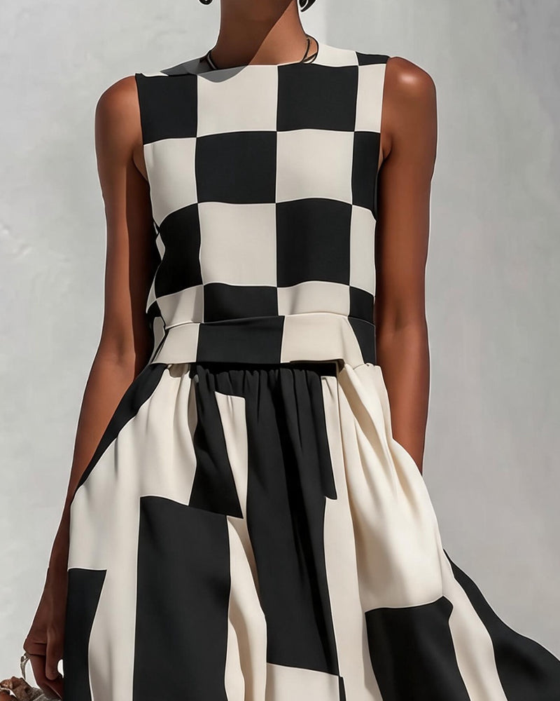 Round-Neck Plaid Sleeveless Dress
