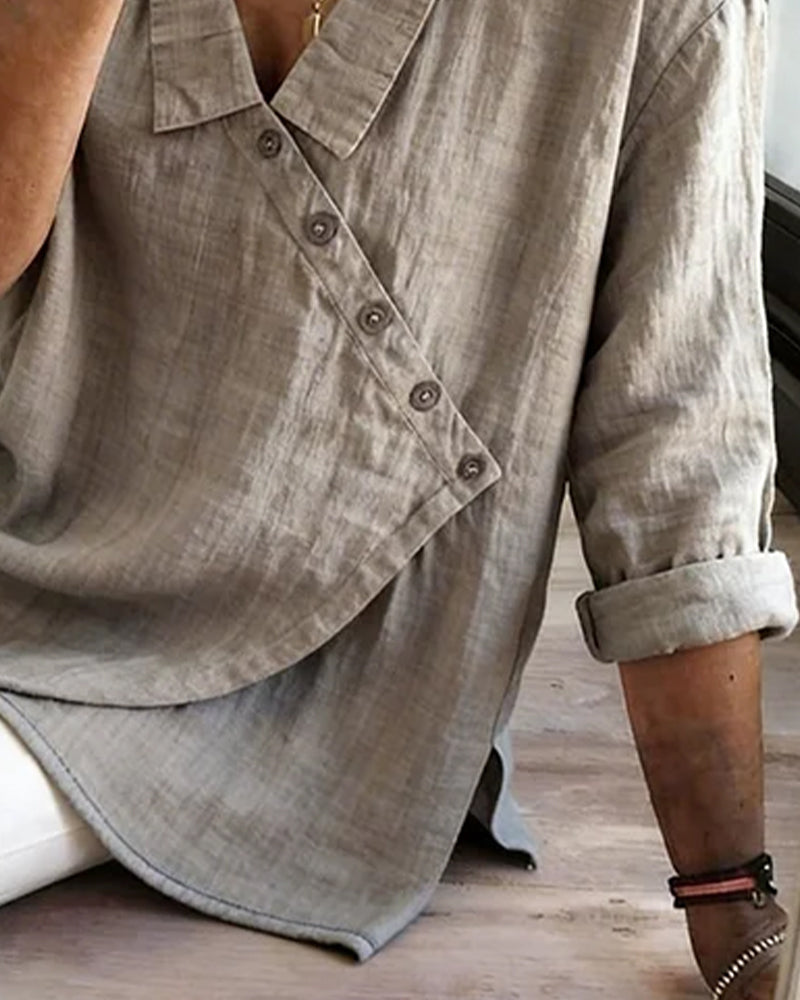 Asymmetrical Diagonal-Placket Collared Blouse