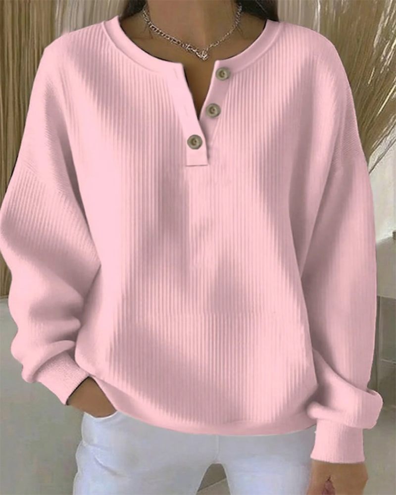 Long-Sleeved Button-Down V-Neck Sweatshirt