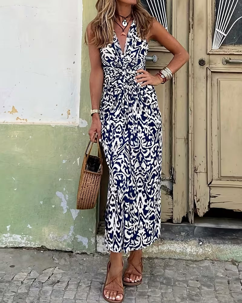 Strapless Print V-Neck Slit Dress