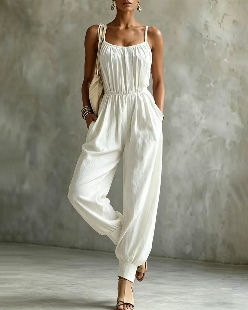 Spaghetti Strap Pleated Waist-Cinching Wide Leg Jumpsuit