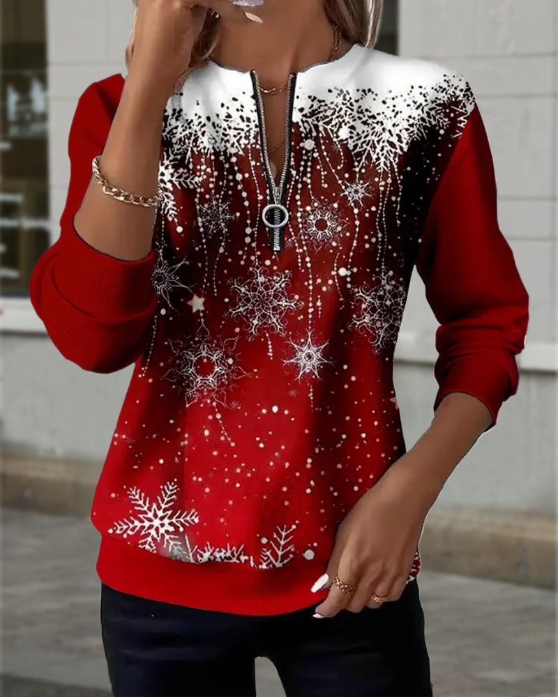 Half-Zip Snowflake Round Neck Sweatshirt