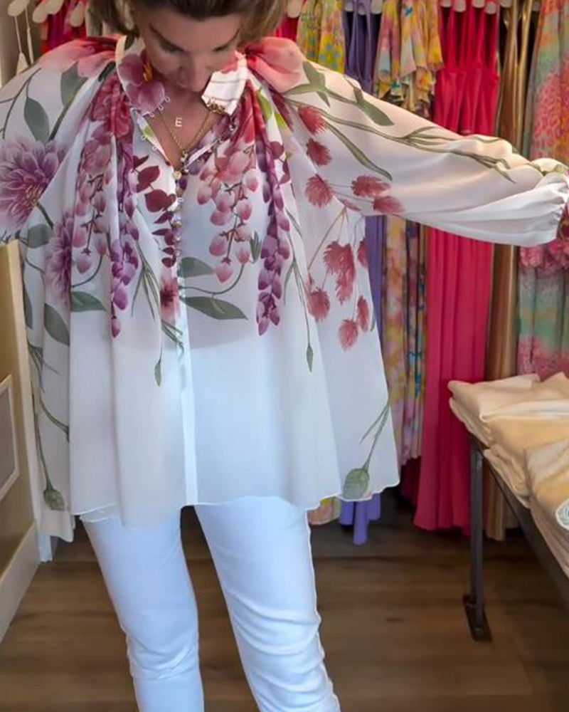 Lantern Sleeve Casual Printed Blouse