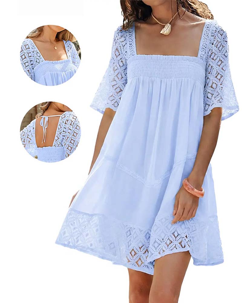 Square Neck Lace Patchwork Solid Dress