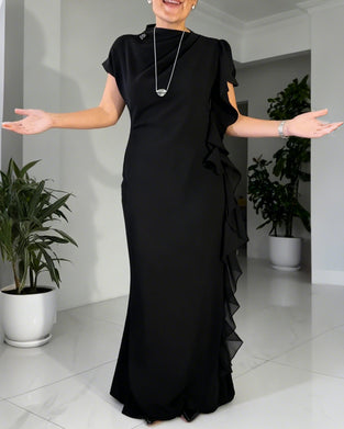 Solid Color Fashionable Ruffle Design Dress