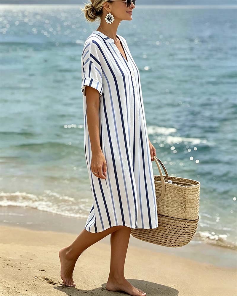 V-Neck Striped Short-Sleeved Dress