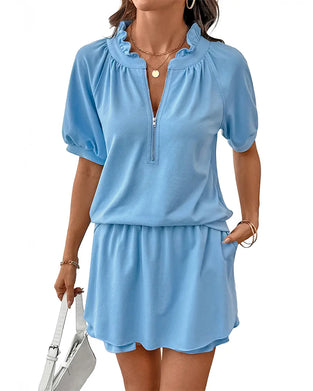 Ruffle Collar Puff Sleeve Blouse And Skirt Set