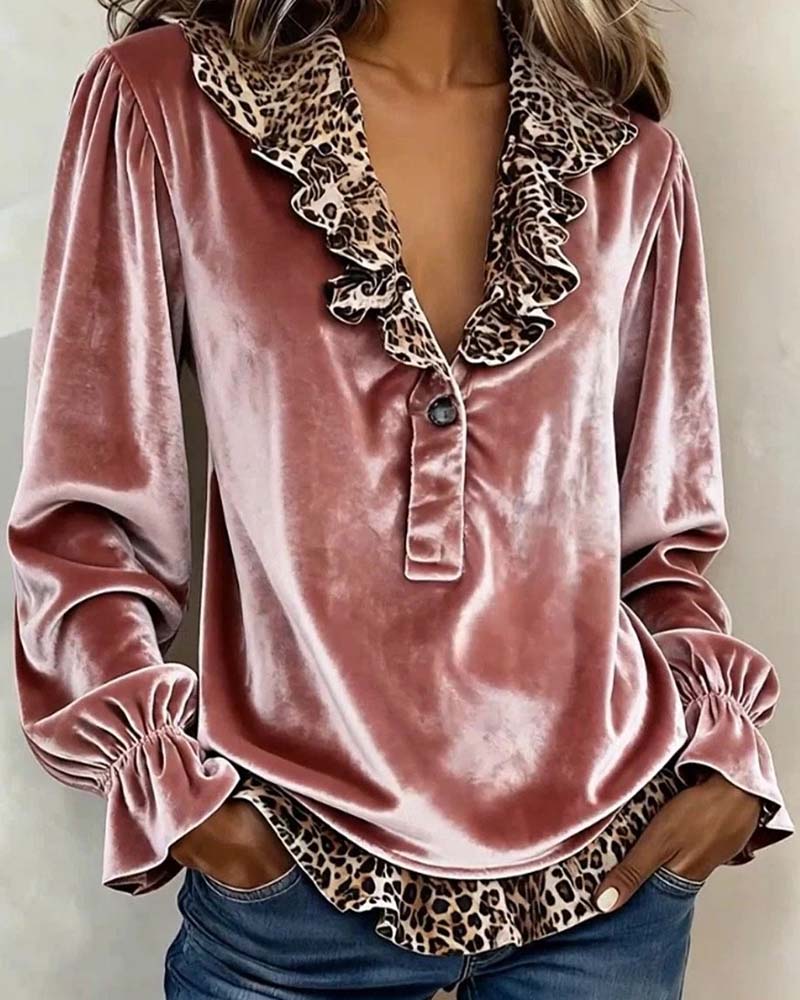 V-Neck Leopard Print Ruffle Sleeve Blouse