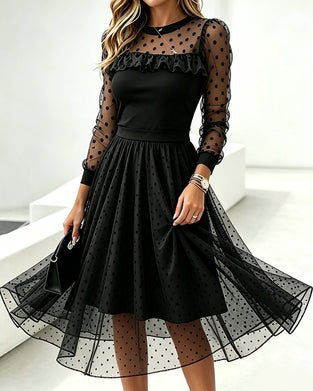 Round Neck Polka Dot Lace Paneled Dress