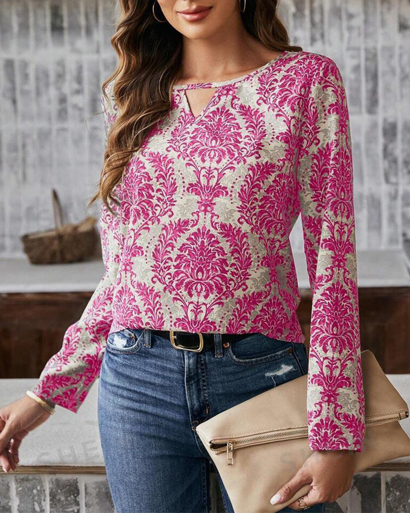 Hollow printing temperament blouse