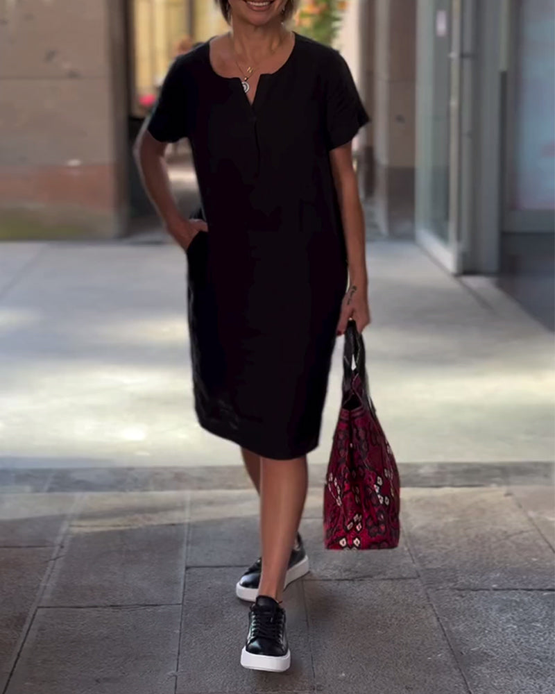 Solid color V-neck short-sleeve pocket dress