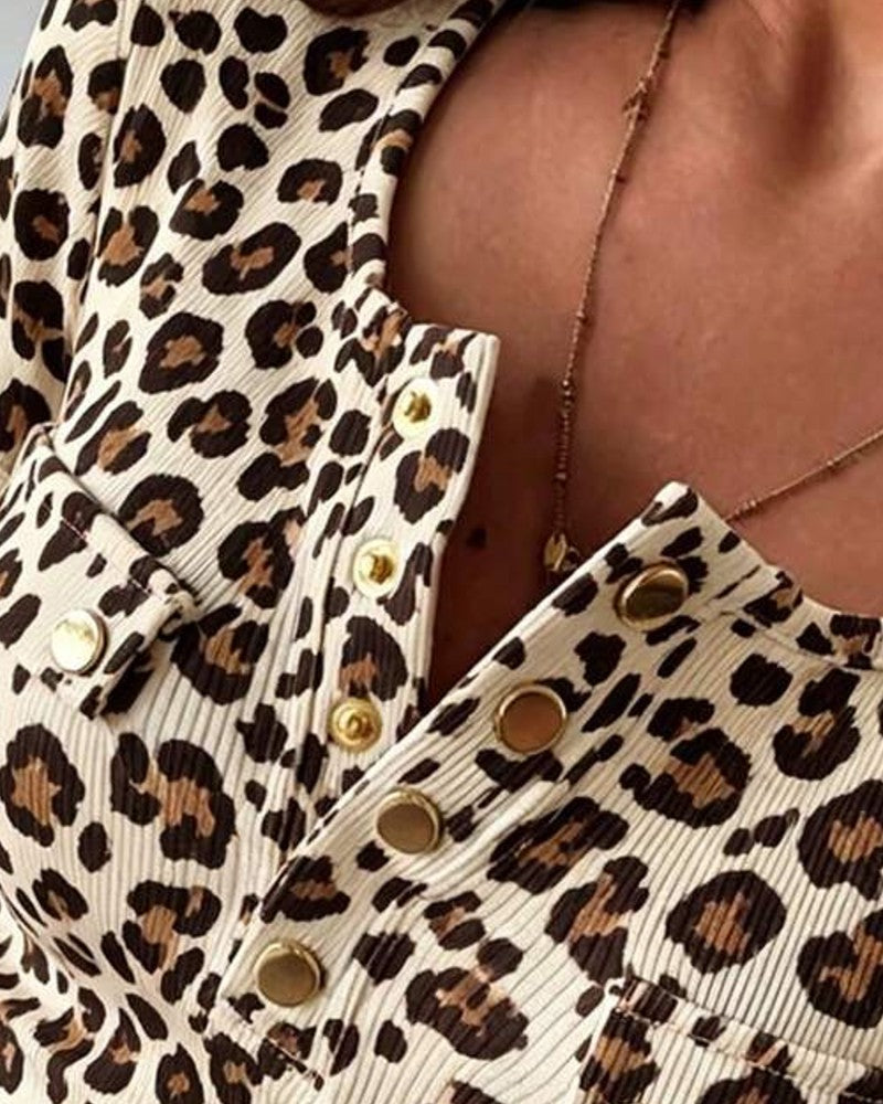 Henley Neck Leopard Print Short Sleeve Blouse