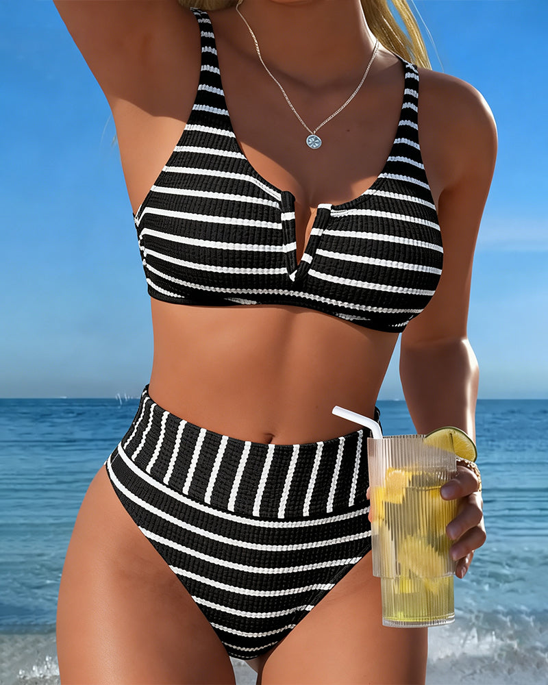 Black White Ribbed Stripe Bikini