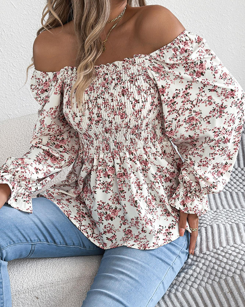 Square Neck Smocked Floral Ruffle Blouse