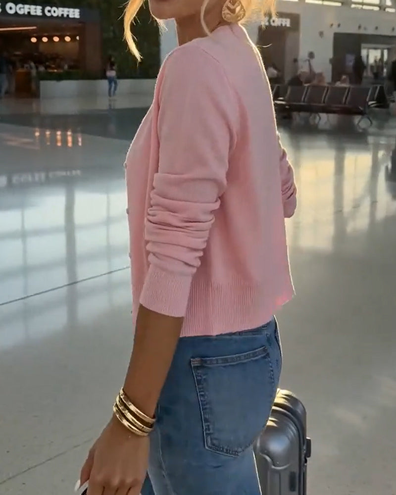 Solid Color Crew Neck Buckle Cardigan