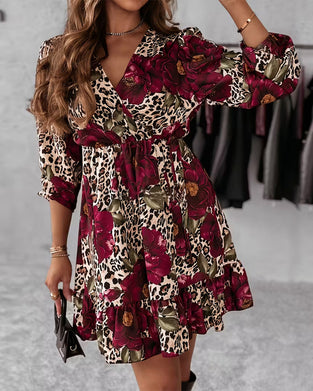Floral Leopard Print V-Neck Dress