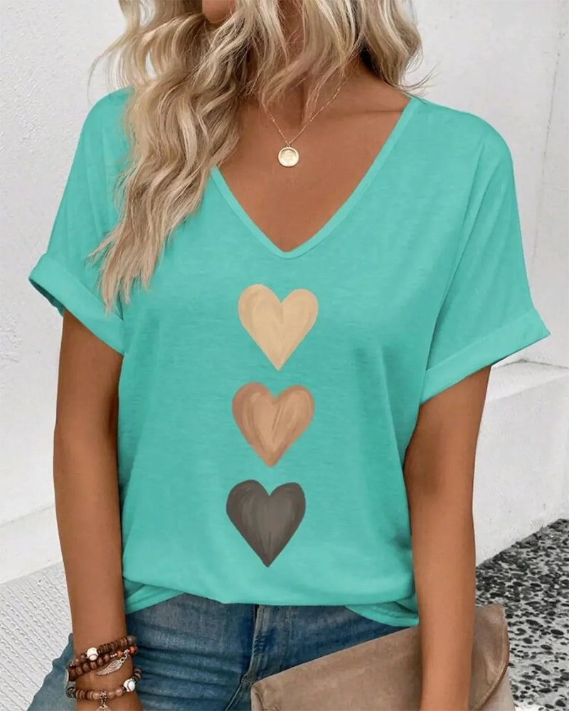 V-Neck Heart Print T-Shirt