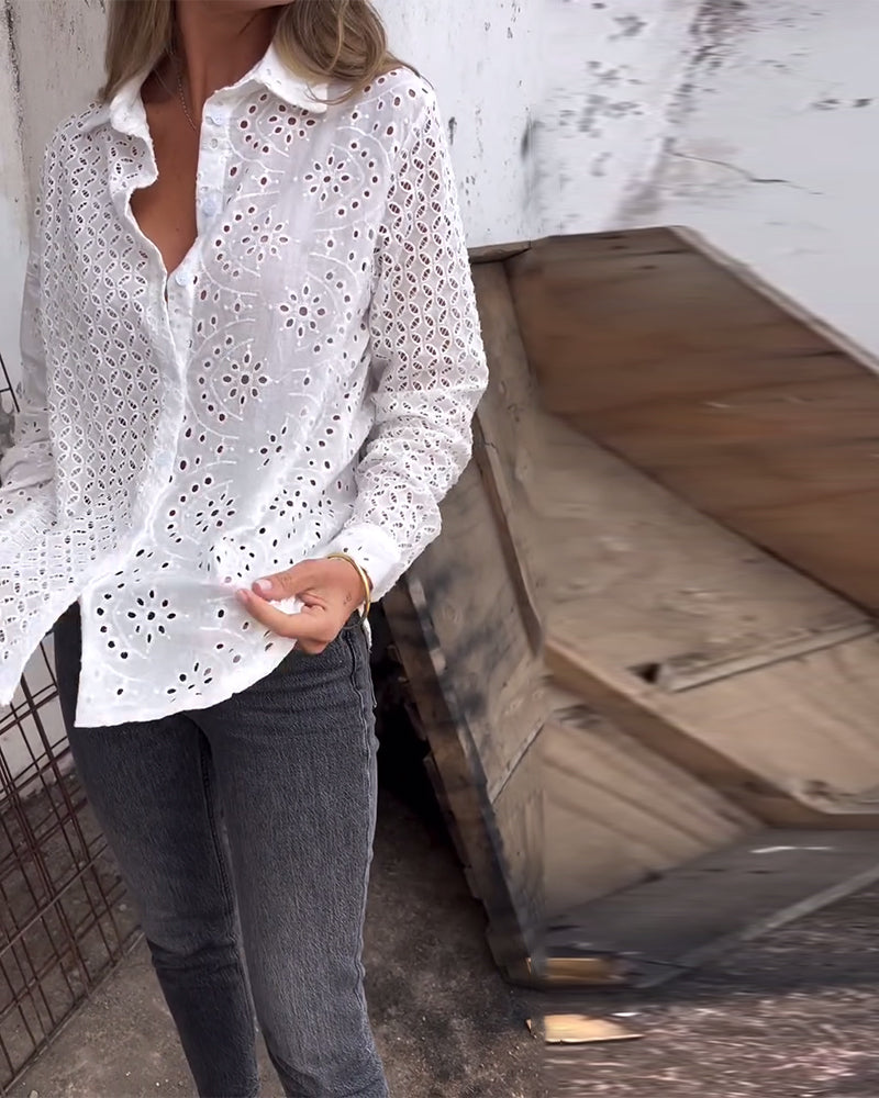 Long-Sleeved Lapel Cutout Shirt