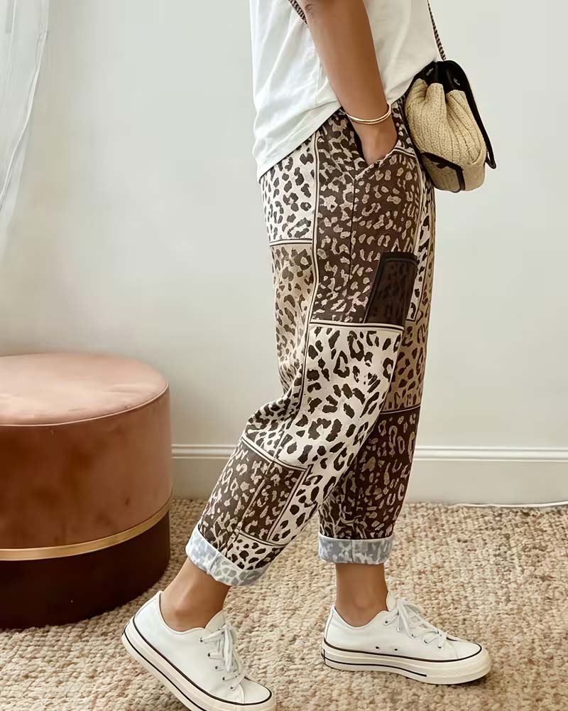 Leopard Print Plaid Contrast Patchwork Casual Pants