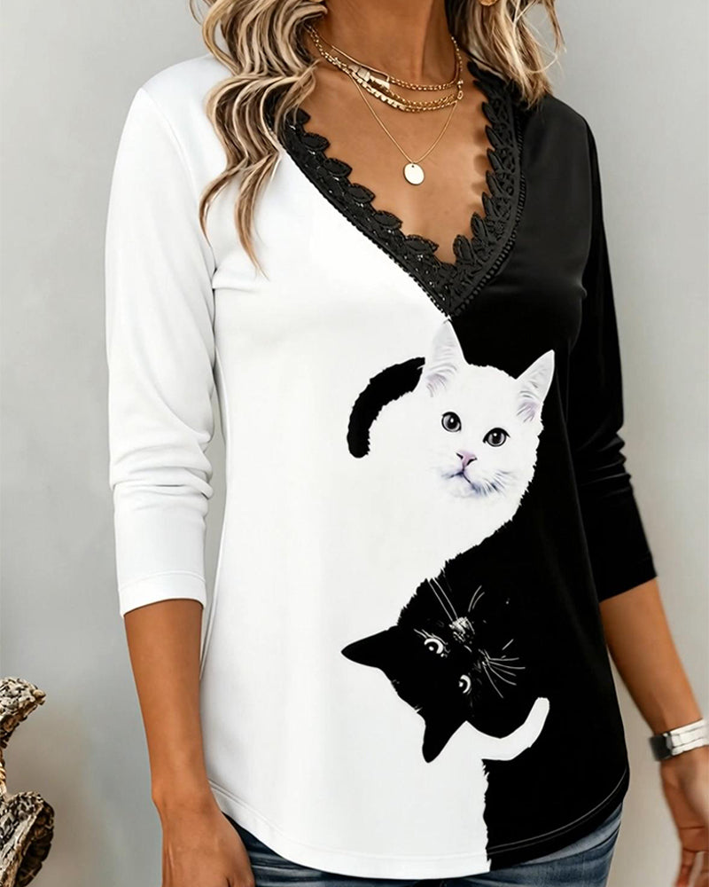 Long-Sleeved V-Neck Printed Top