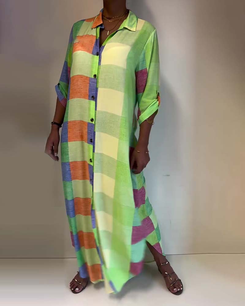 Plaid Collar Color-Block Shirt Dress