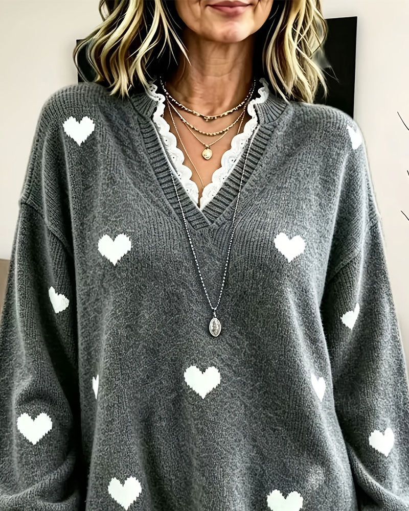 Heart Print V-Neck Pullover