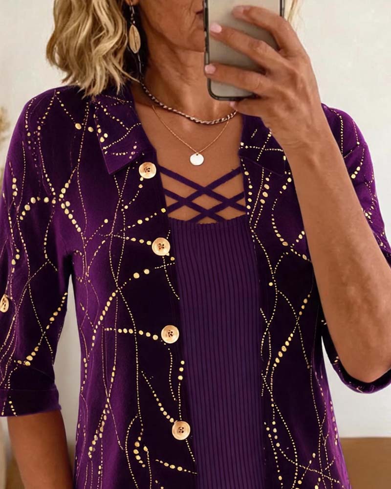 Lapel Button Front Cross Over Mock Layered Blouse