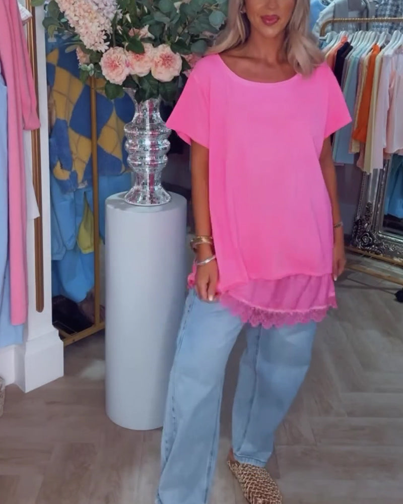 Lace Spliced Short Sleeve T-Shirt