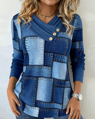 V-Neck Contrast Solid Color Long-Sleeved Top