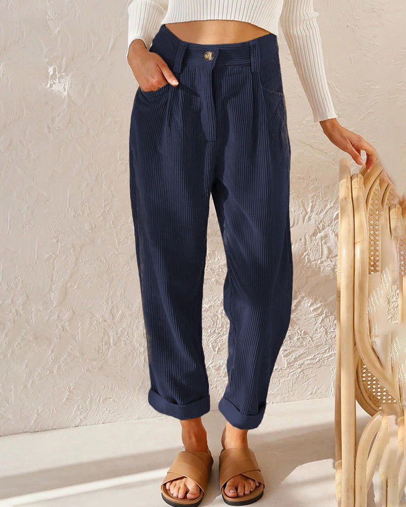 Solid Straight Trousers with High Waist