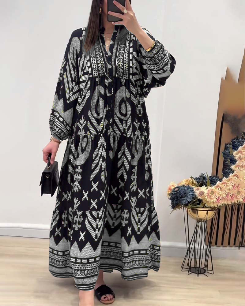 V-neck long-sleeved printed dress
