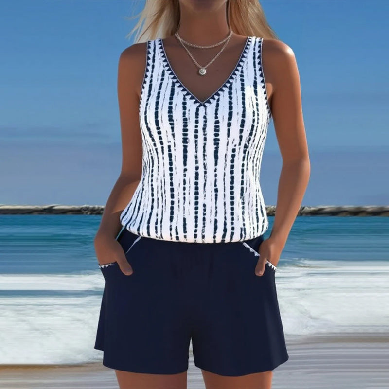 Casual Pocket V-Neck Printed Two-Piece Swimsuit