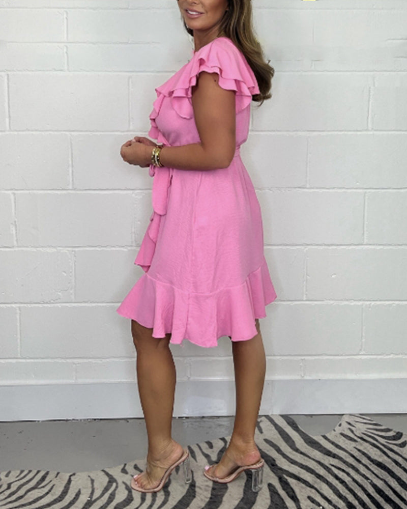 Ruffled solid color V-neck dress