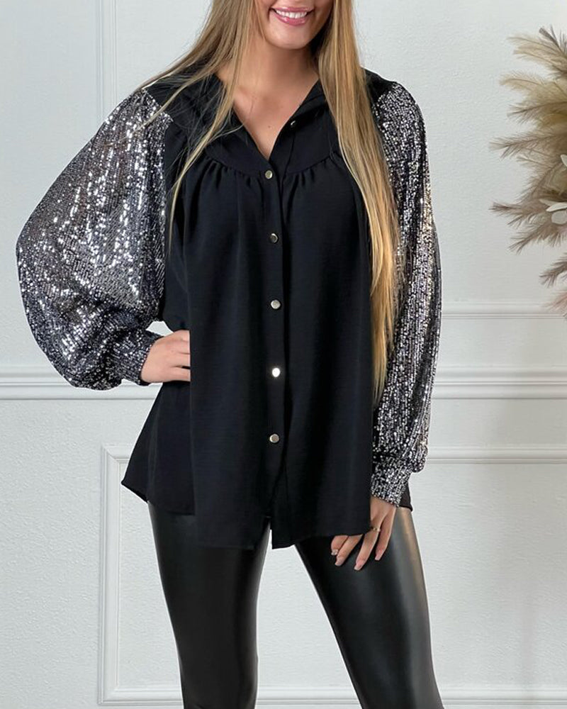 Patchwork sequined button-down shirt