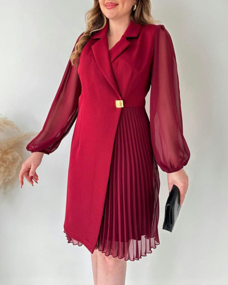 Pleated lapel long-sleeved dress