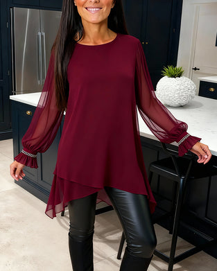 Beaded Puff Sleeve Crew Neck Blouse