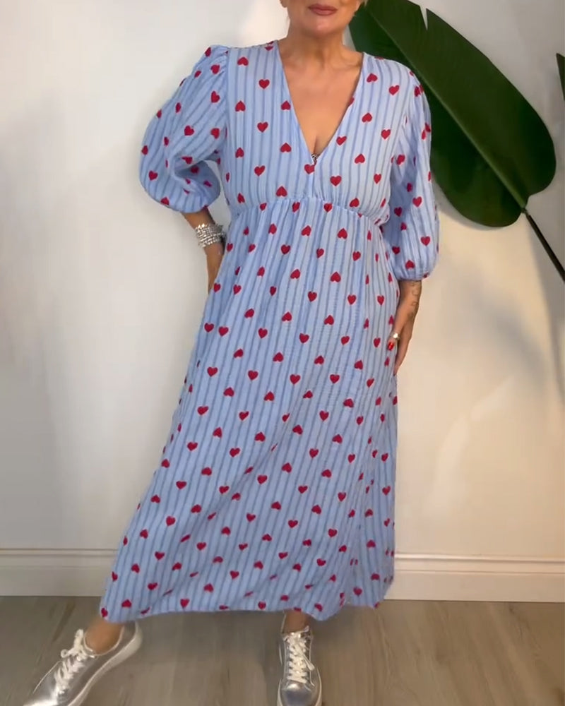 Elegant V-Neck Heart Print Dress