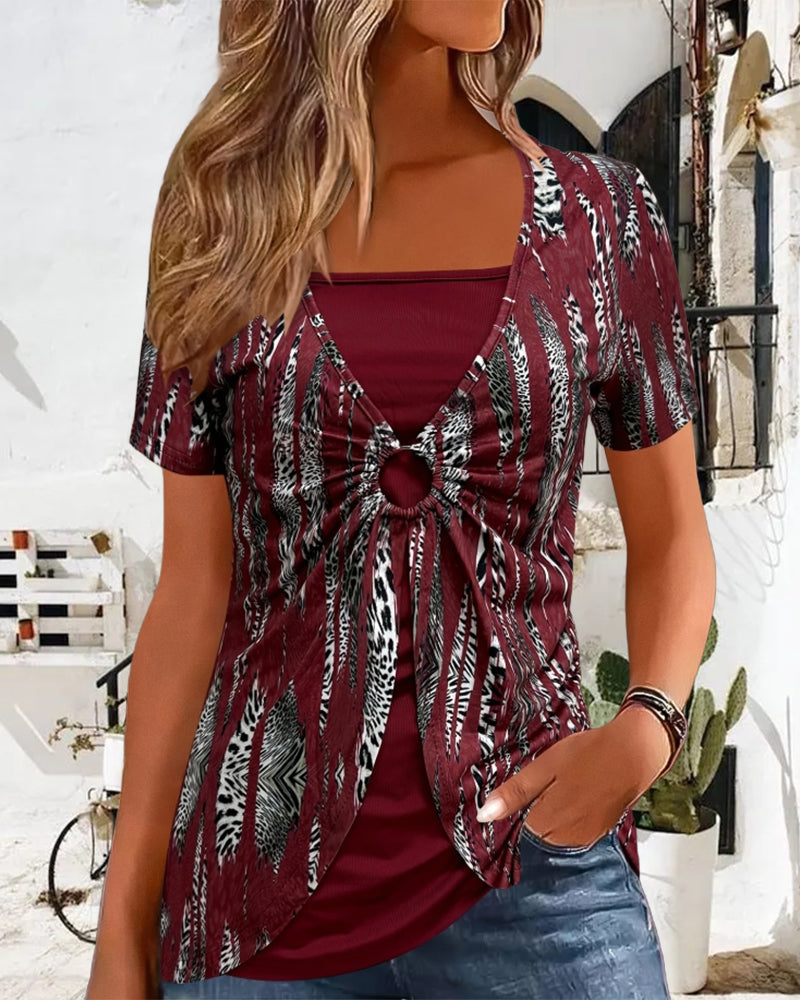 Short-Sleeved Printed Fake Two-Piece Blouse
