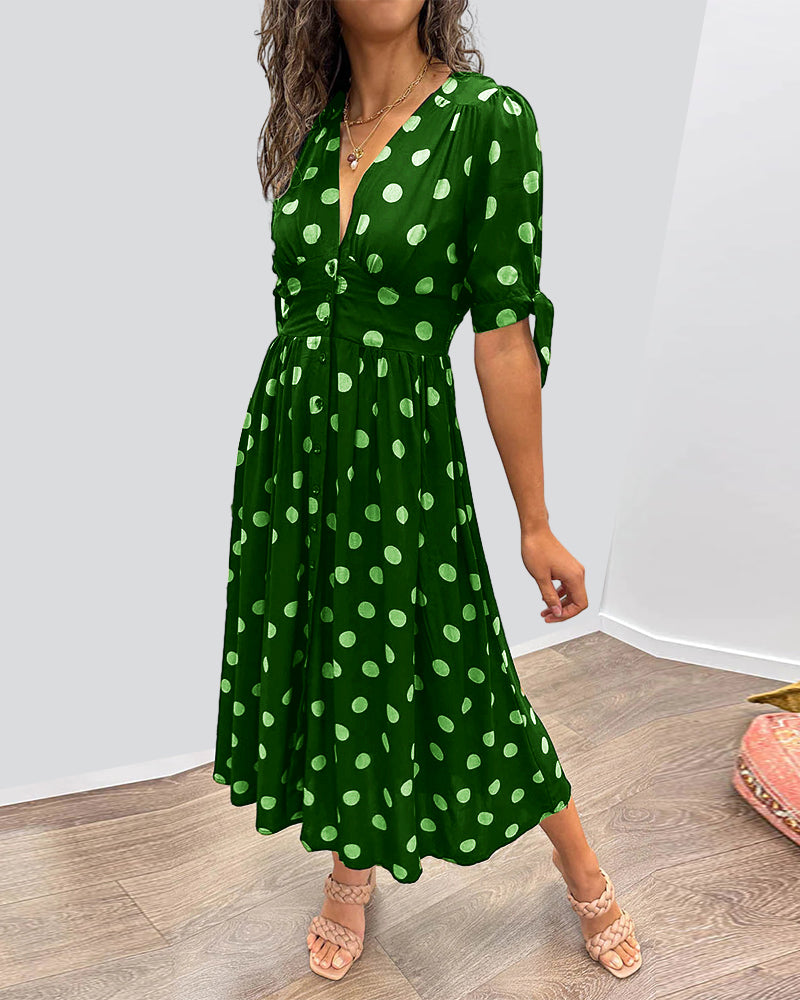 White Deep V Neck Red Polka Dot Lantern Sleeve Belted Long Dress