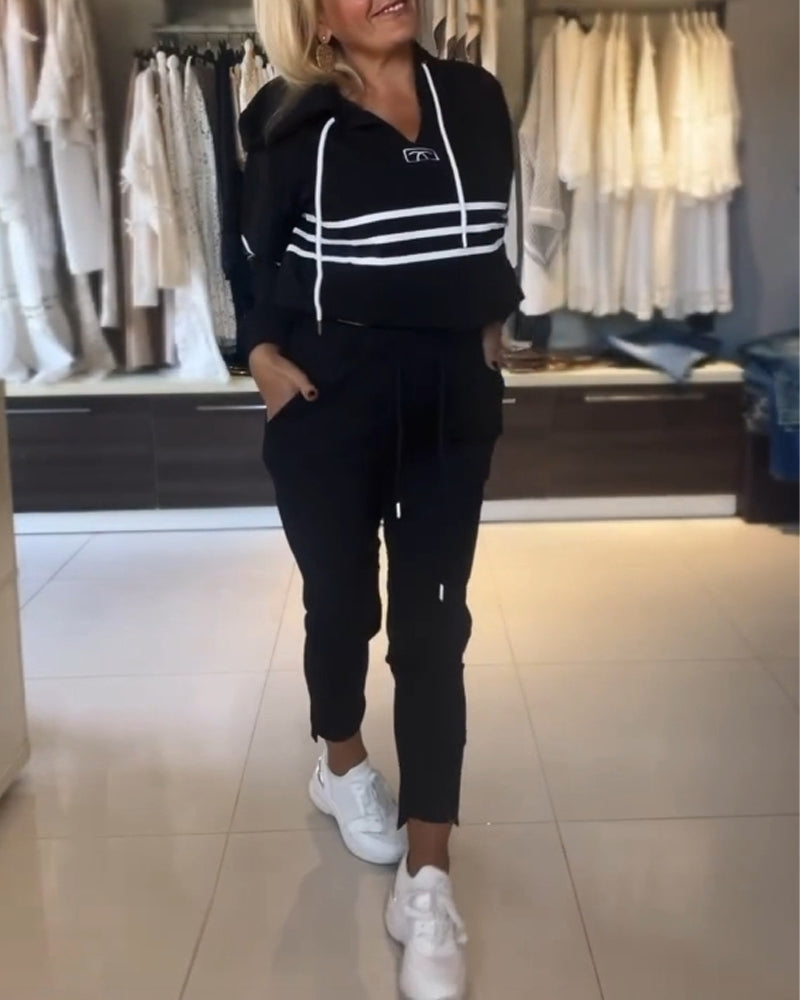 Casual striped print hooded sweatshirt set